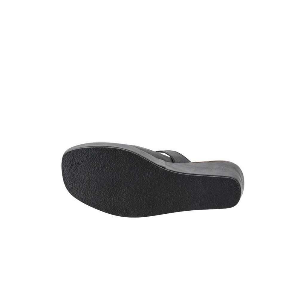 The image displays the bottom view of the Me Time Wedge by CORKY’S FOOTWEAR INC—a black wedge sandal featuring a textured sole—against a white background, showcasing the popular and comfortable style favored in women’s black wedges.