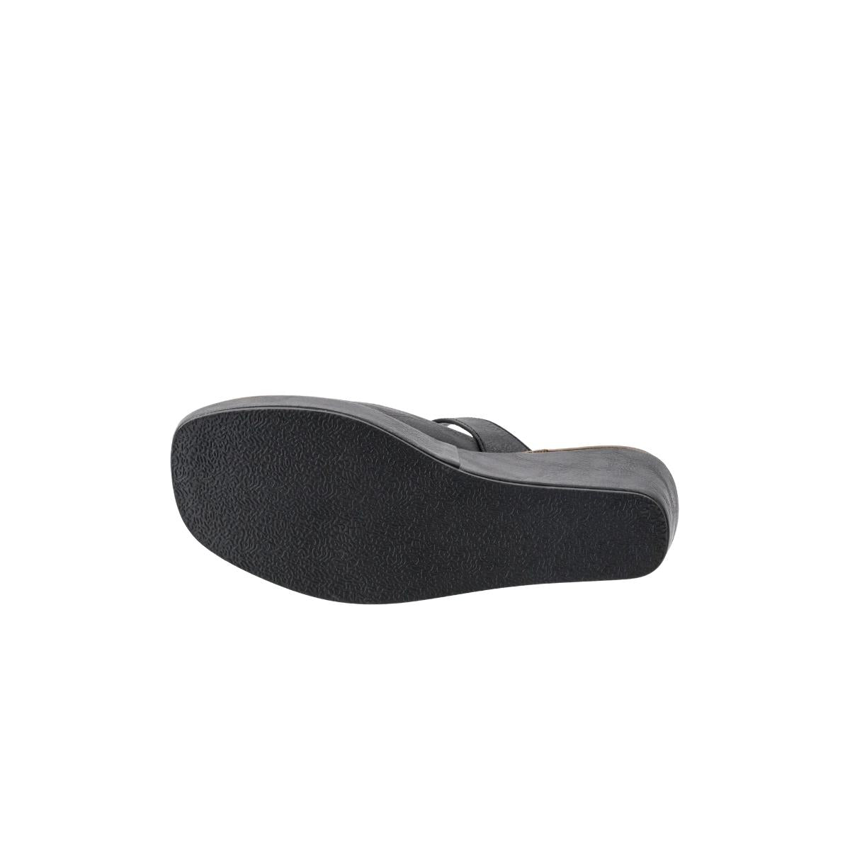 The image displays the bottom view of the Me Time Wedge by CORKY’S FOOTWEAR INC—a black wedge sandal featuring a textured sole—against a white background, showcasing the popular and comfortable style favored in women’s black wedges.