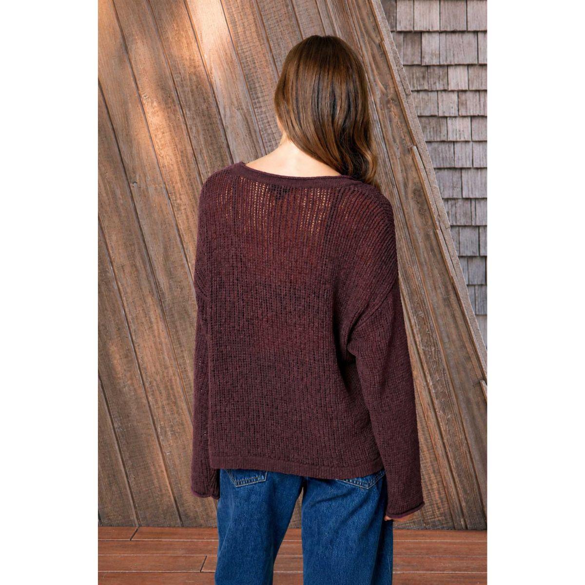 Raw Edge Split Neck Long Sleeve Sheer Knit Sweater Secondary image