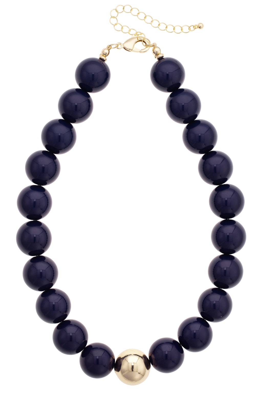 The Marjorie Game Day Beaded Necklace by Canvas Style features large, round dark oversized beads accented with a central gold bead, finished with a gold clasp and adjustable chain—making it the perfect bold statement necklace.