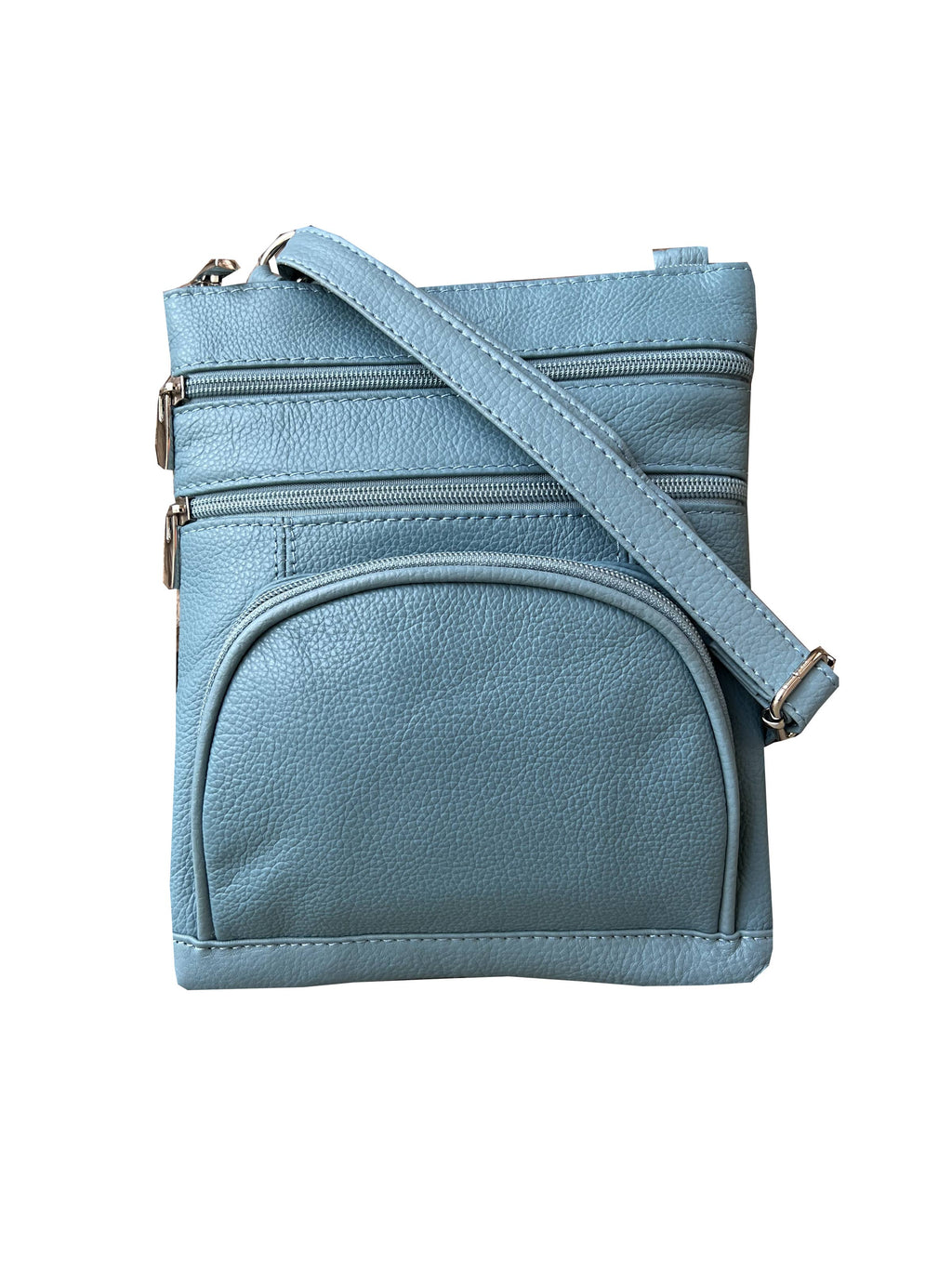 Roma Leathers, Inc. Cowhide leather Crossbody with phone pocket back side in light blue features three zippered compartments and an adjustable shoulder strap, shown against a white background.