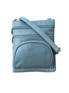 Roma Leathers, Inc. Cowhide leather Crossbody with phone pocket back side in light blue features three zippered compartments and an adjustable shoulder strap, shown against a white background.