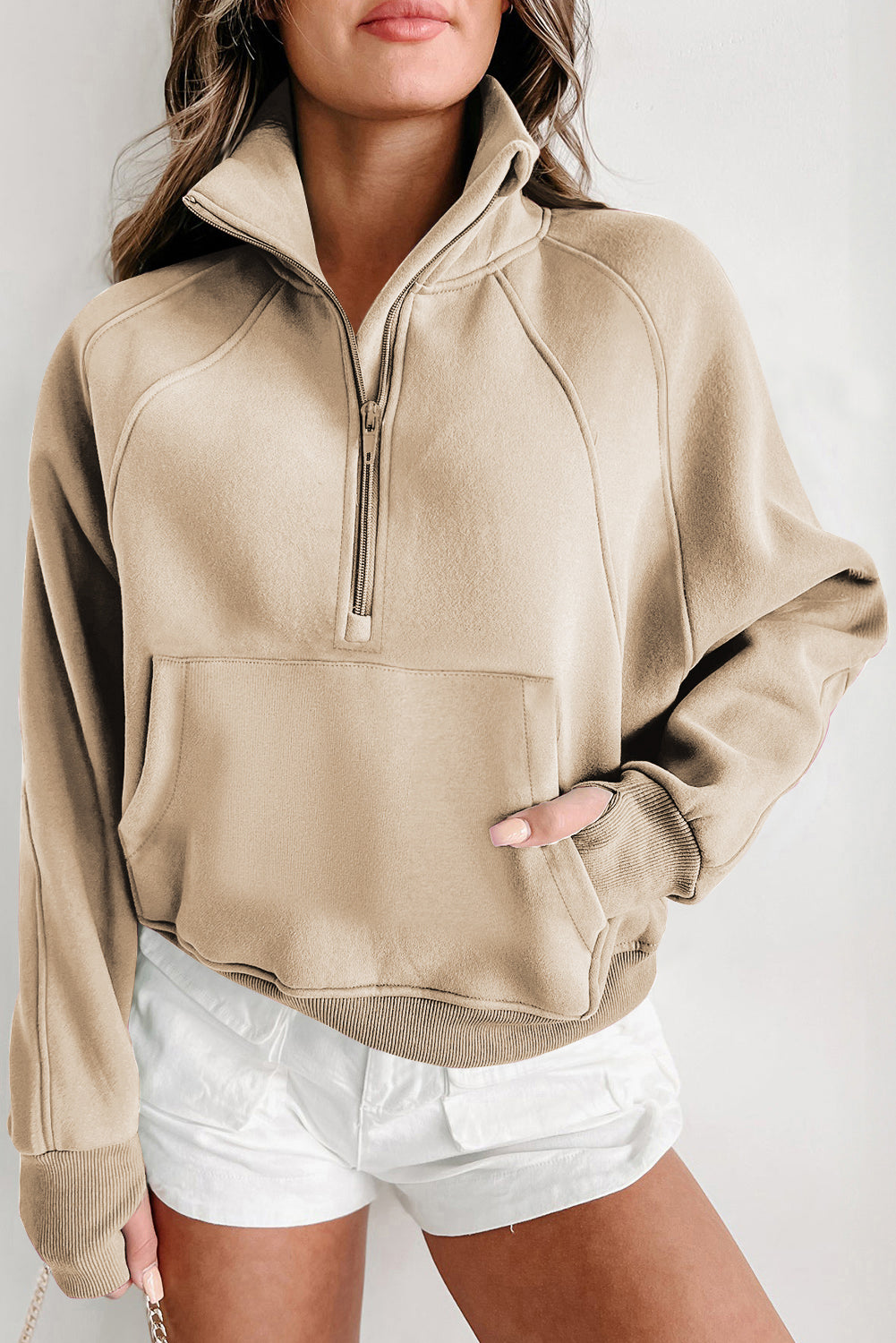 Zip Up Stand Collar Ribbed Thumbhole Sleeve Sweatshirt - 12 colors to choose from