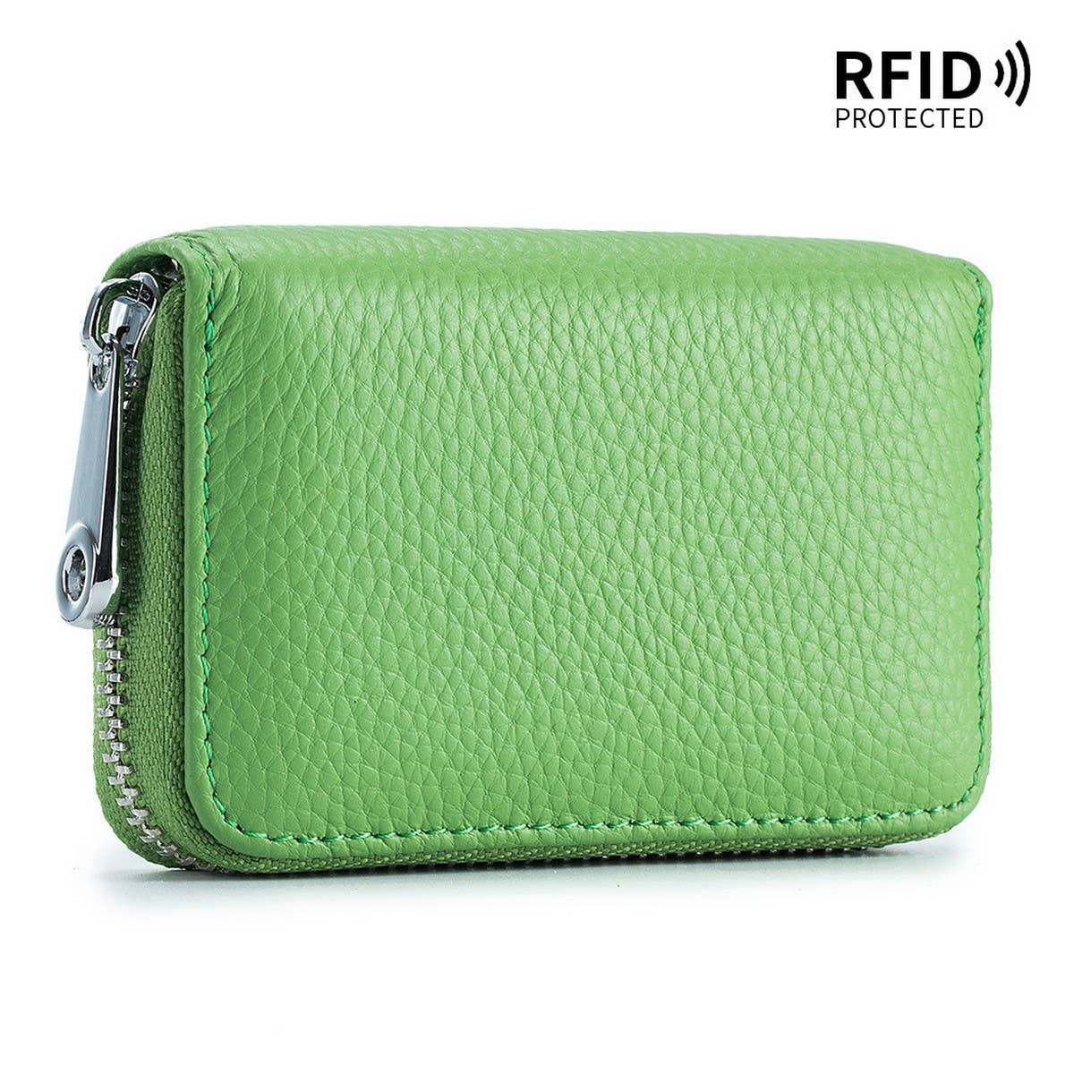 The ACCITY CARD WALLET Anti-Theft Wallet is a green textured leather card wallet featuring a zipper, RFID protection, and anti-theft design for enhanced security.