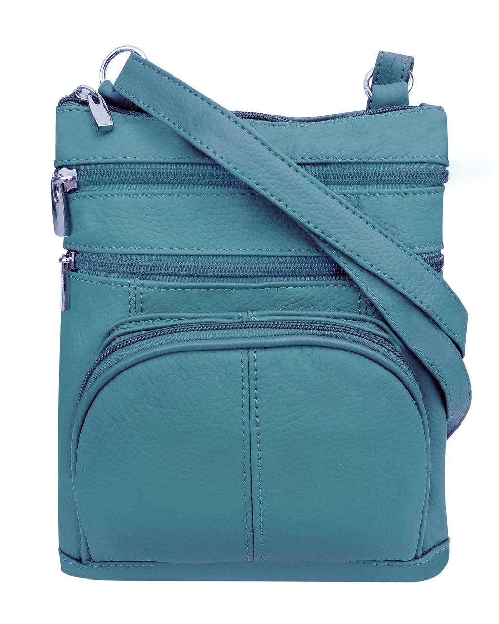 Roma Leathers, Inc. Cowhide leather Crossbody with phone pocket on the back features multiple zippered compartments, silver hardware, and an adjustable shoulder strap, shown against a white background.