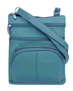 Roma Leathers, Inc. Cowhide leather Crossbody with phone pocket on the back features multiple zippered compartments, silver hardware, and an adjustable shoulder strap, shown against a white background.