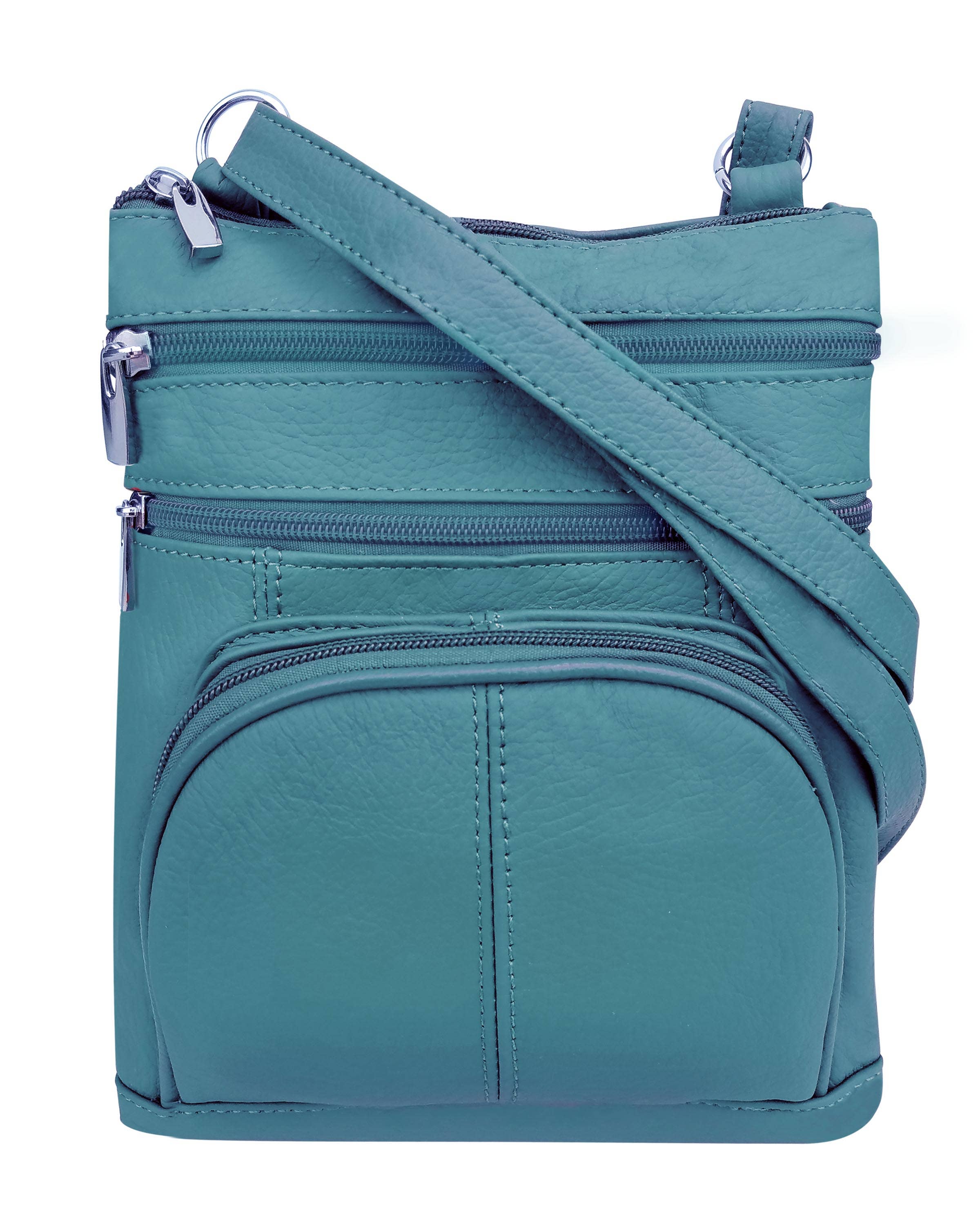 Roma Leathers, Inc. Cowhide leather Crossbody with phone pocket on the back features multiple zippered compartments, silver hardware, and an adjustable shoulder strap, shown against a white background.