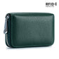 The ACCITY CARD WALLET Anti-Theft Wallet is a dark green textured leather card wallet with a zipper and an RFID protected label in the top right corner.