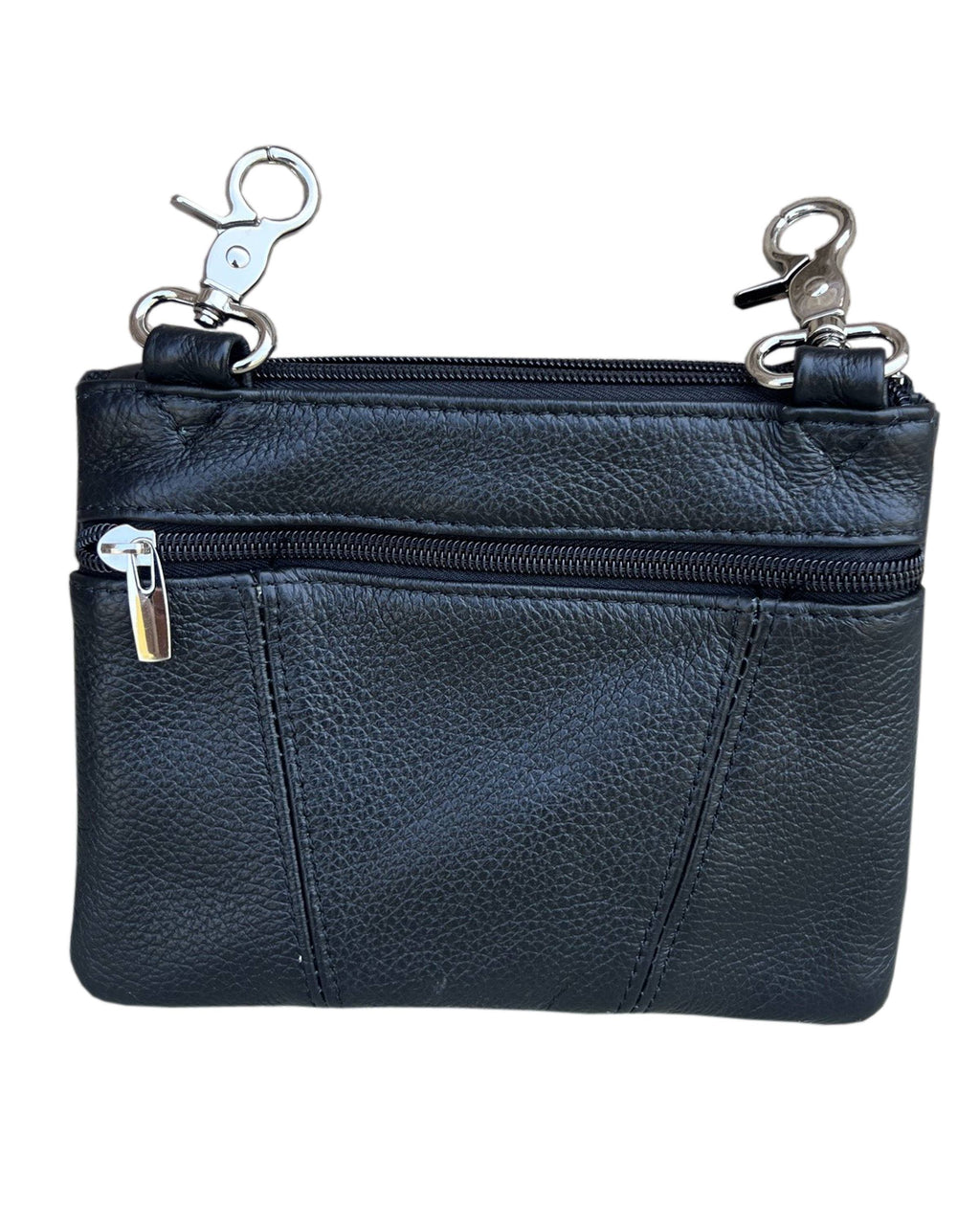 Roma Leathers, Inc. 3099 Small Horizontal Crossbody Bag in black cowhide leather featuring two spacious compartments, silver swivel clasps, and an adjustable shoulder strap.