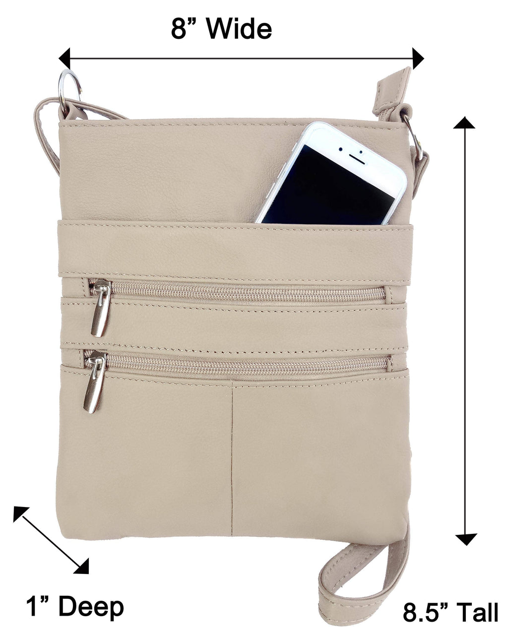 The Roma Leathers, Inc. RM011 cowhide leather crossbody shoulder bag is beige with two zippered pockets, an adjustable strap, fits a smartphone, and measures 8"W x 8.5"H x 1"D.