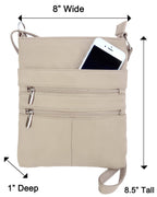 The Roma Leathers, Inc. RM011 cowhide leather crossbody shoulder bag is beige with two zippered pockets, an adjustable strap, fits a smartphone, and measures 8"W x 8.5"H x 1"D.