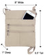 The Roma Leathers, Inc. RM011 cowhide leather crossbody shoulder bag is beige with two zippered pockets, an adjustable strap, fits a smartphone, and measures 8"W x 8.5"H x 1"D.