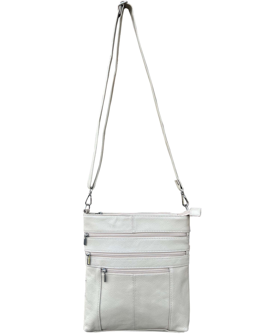 The Roma Leathers, Inc. cowhide leather crossbody bag features an adjustable strap and three front zippered pockets, shown on a plain white background.