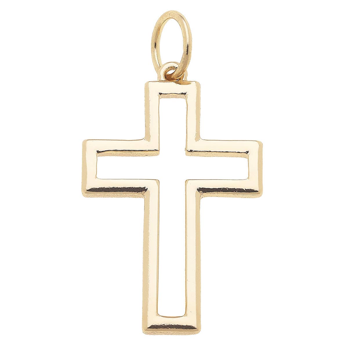 Open Cross Charm in Shiny Gold by Canvas Style, featuring a gold-colored open cross design with a small loop at the top for attaching to a chain, displayed on a plain white background—a timeless and elegant faith jewelry piece. Main image