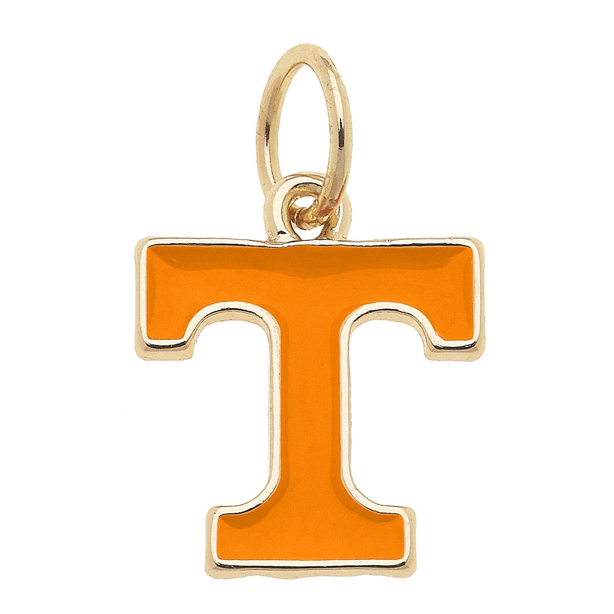 The Tennessee Volunteers Enamel Logo Charm by Canvas Style features a gold-edged orange letter "T" with a loop at the top for attaching to a necklace or bracelet. NCAA licensed, this charm is perfect for fans and collectors alike and is shown on a white background.
