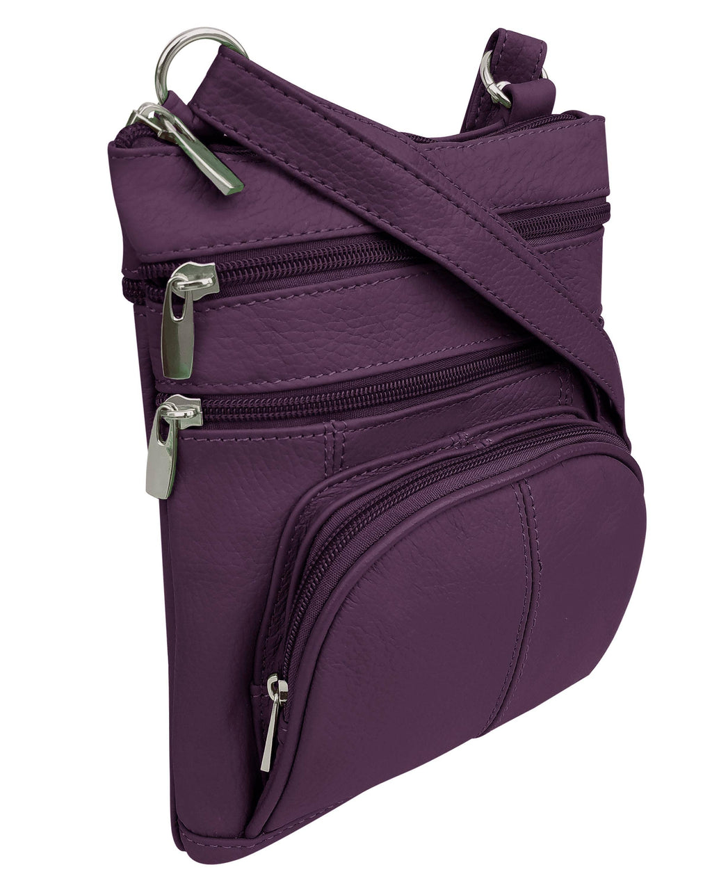 The Roma Leathers, Inc. Cowhide Leather Crossbody features a phone pocket on the back, three zippered compartments, and a long adjustable strap, shown here in purple leather against a white background.