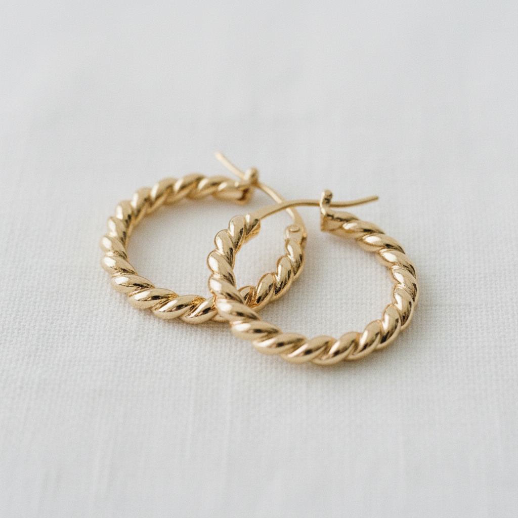 The Ellemadera Sculptural Twisted Hoop Earrings, featuring twisted gold hoops and sleek silver posts, are displayed on a white fabric background, embodying the elegance of minimalist earrings.