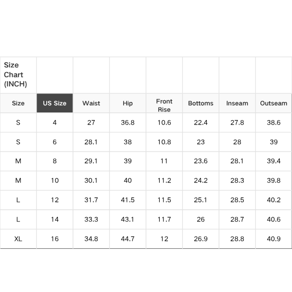 The size chart for 1 the Woman’s Polka Dot Frayed Edge Wide Leg High Waist Jeans (US S–XL) lists waist, hip, front rise, bottoms, inseam, and outseam measurements in inches.
