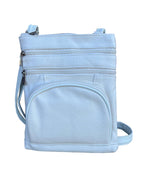 Roma Leathers, Inc. Cowhide leather Crossbody with phone pocket on back side in light blue, features three zippered compartments and an adjustable shoulder strap, shown against a white background.