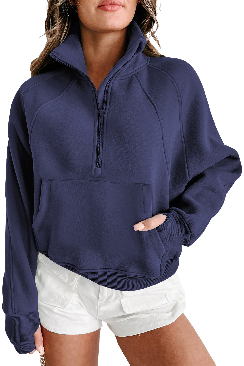 Zip Up Stand Collar Ribbed Thumbhole Sleeve Sweatshirt - 12 colors to choose from