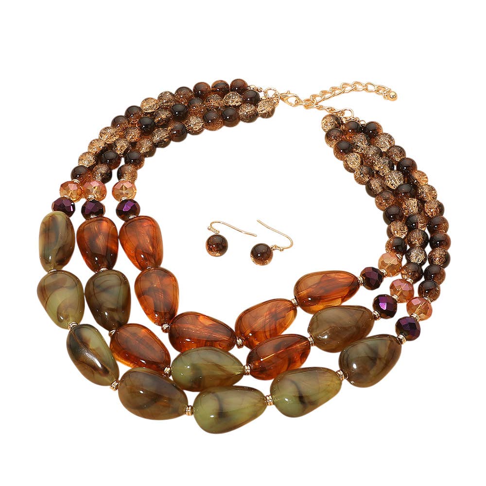Introducing the Chunky Beaded Layered Statement Necklace by Sensibling Corp.—a striking jewelry set with three layers of oversized brown and green stones, complemented by matching round brown bead drop earrings with gold hooks.