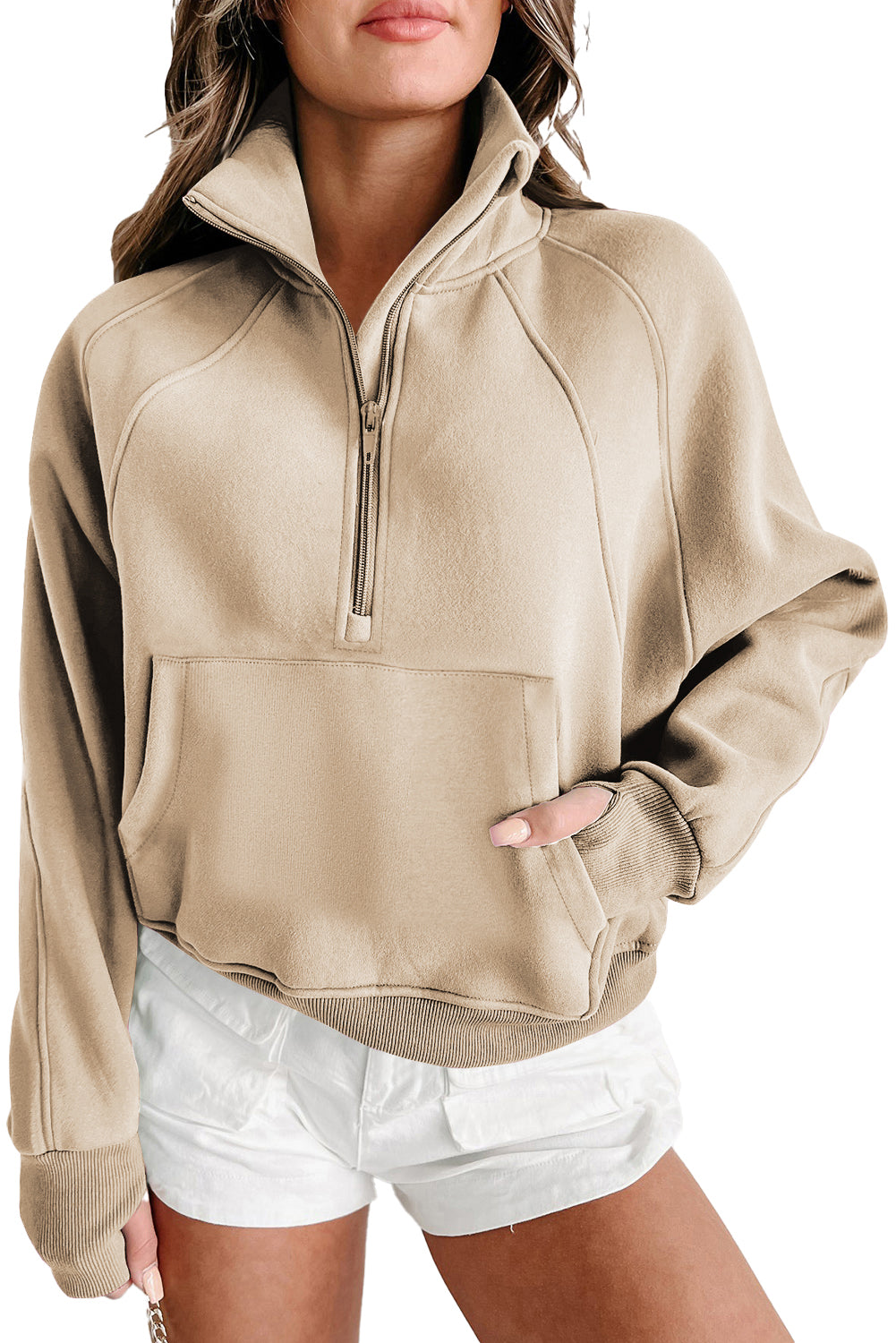 Zip Up Stand Collar Ribbed Thumbhole Sleeve Sweatshirt - 12 colors to choose from