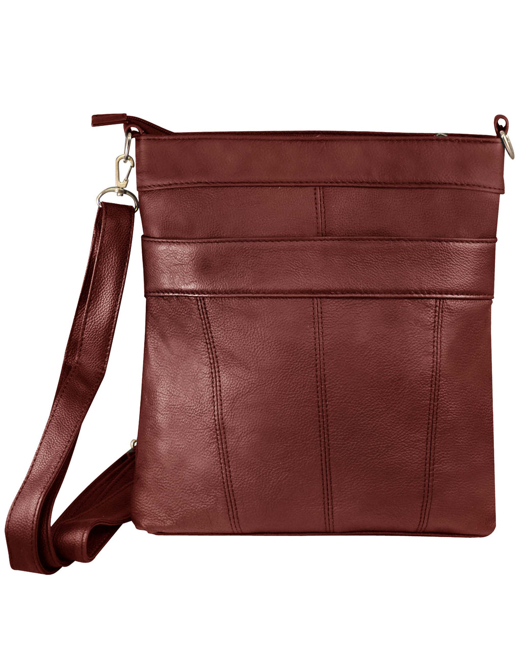 The Roma Leathers, Inc. Cowhide leather crossbody features zip closure, front seams, zippered pockets, and an adjustable shoulder strap, shown here in brown against a white background.