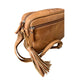 Roma Leathers, Inc. Cowhide Leather Crossbody in light brown features a front zipper pocket, silver hardware, and a tassel on the adjustable strap, shown on a white background.