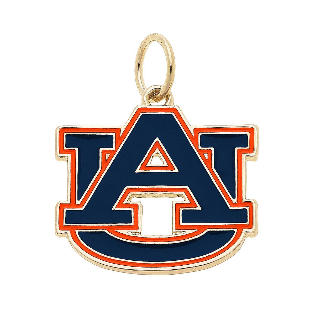 The Auburn Tigers Enamel Logo Charm by Canvas Style features the iconic interlocking "AU" logo in navy blue and orange enamel, complete with a loop for attaching to your favorite necklace or keychain. This NCAA licensed piece of jewelry is the perfect charm for any fan.