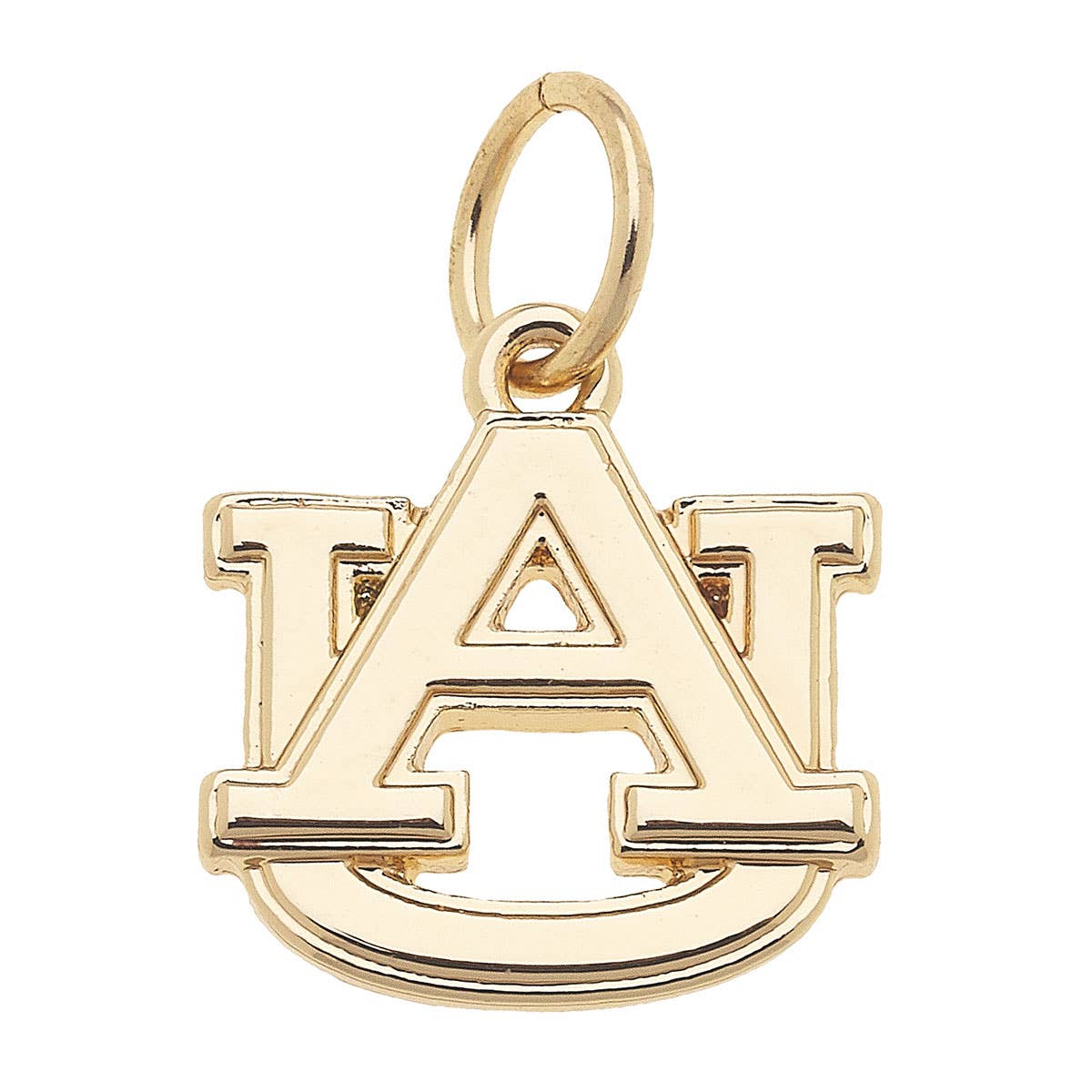 The Auburn Tigers Shiny Gold Logo Charm by Canvas Style showcases the interlocking "A" and "U" letters representing Auburn University, with a top loop for easy attachment to jewelry. This officially NCAA licensed charm elegantly displays your Auburn Tigers pride in shiny gold.