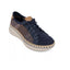The SKECHERS Wilshire Boulevard Breezy Stroll Navy Sneaker features brown accents, a striped side detail, white ribbed sole, and laces, and is photographed on a white background to showcase its lightweight comfort.
