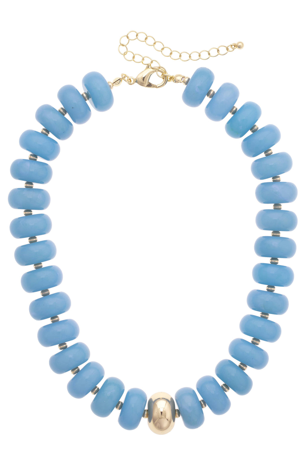 The San Sebastián Beaded Resin Necklace by Canvas Style showcases chunky blue resin beads accented with a bold gold centerpiece, finished with a gold chain clasp and extender.