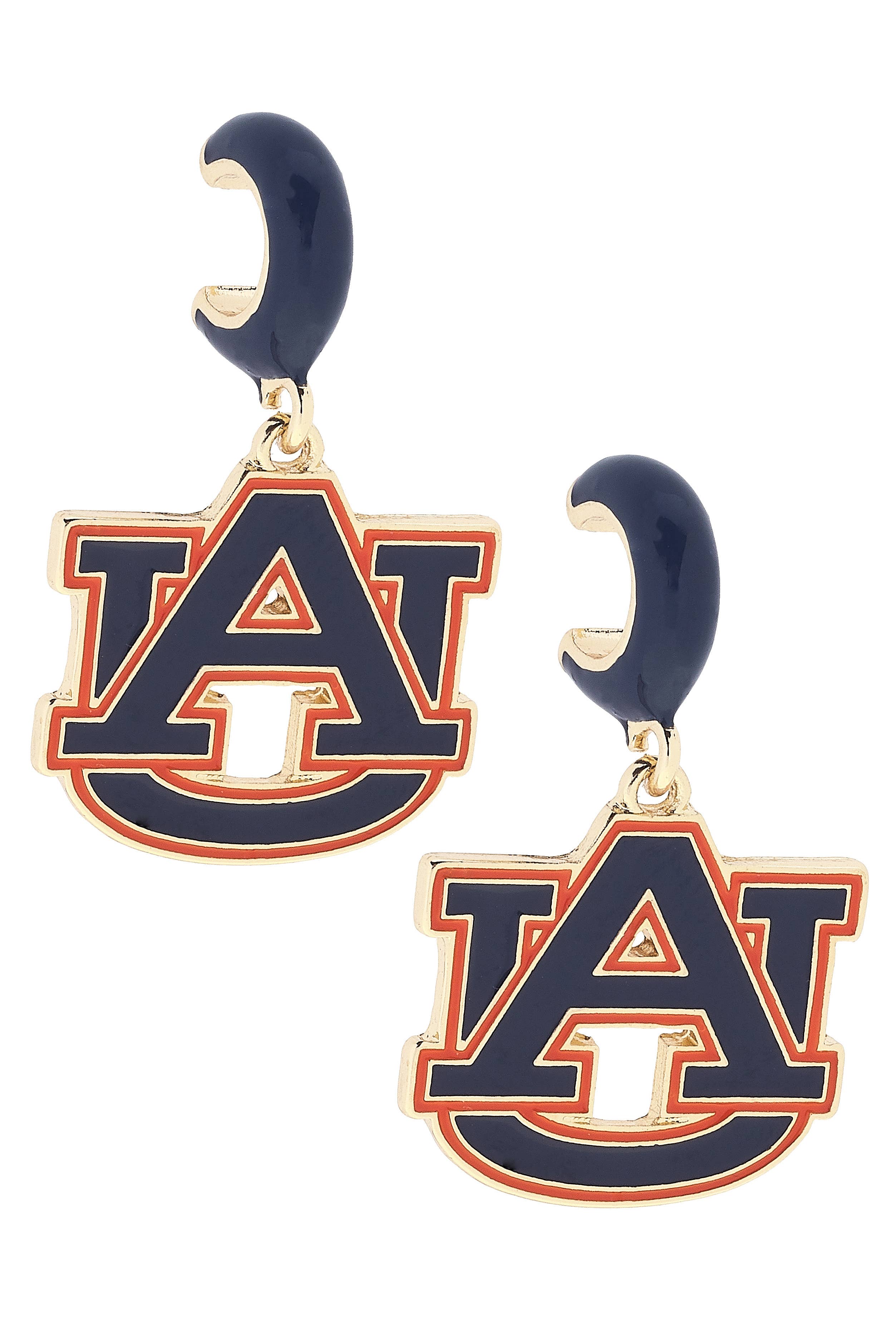 Show your team spirit with the Auburn Tigers Enamel Logo Huggie Hoop Earrings in Navy by Canvas Style, featuring the NCAA officially licensed interlocking “AU” logo in navy blue and orange accented with a bold gold outline. These enamel hoop earrings are the ideal accessory for any devoted fan.