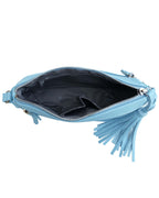 The RM509 cowhide leather crossbody shoulder bag from Roma Leathers, Inc. features light blue leather, a zippered closure with tassel detail, black fabric lining, a small inner pocket, and convenient zipper pockets.