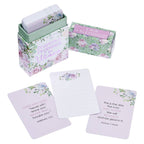 A floral box labeled “Box of Blessings Prayers and Promises for Women” from Christian Art Gifts, filled with cards featuring inspiring Scripture promises and space for notes, is displayed next to a smaller box labeled “A Box of Blessings.”.