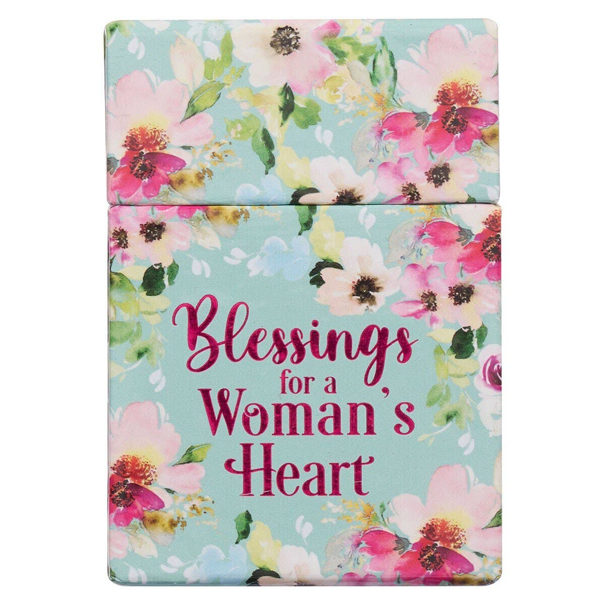 A small rectangular Box of Blessings: Blessings for a Woman’s Heart with a light blue floral pattern and the text “Blessings for a Woman’s Heart” in maroon script.
