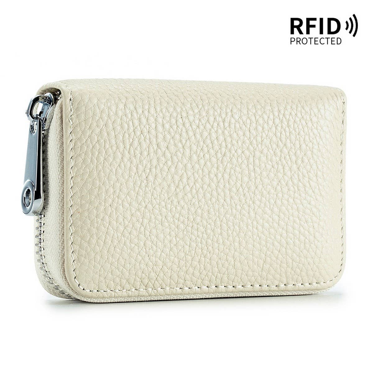 The ACCITY CARD WALLET Anti-Theft Wallet features beige textured leather, a zip closure, and an RFID-protected label for secure, stylish convenience.