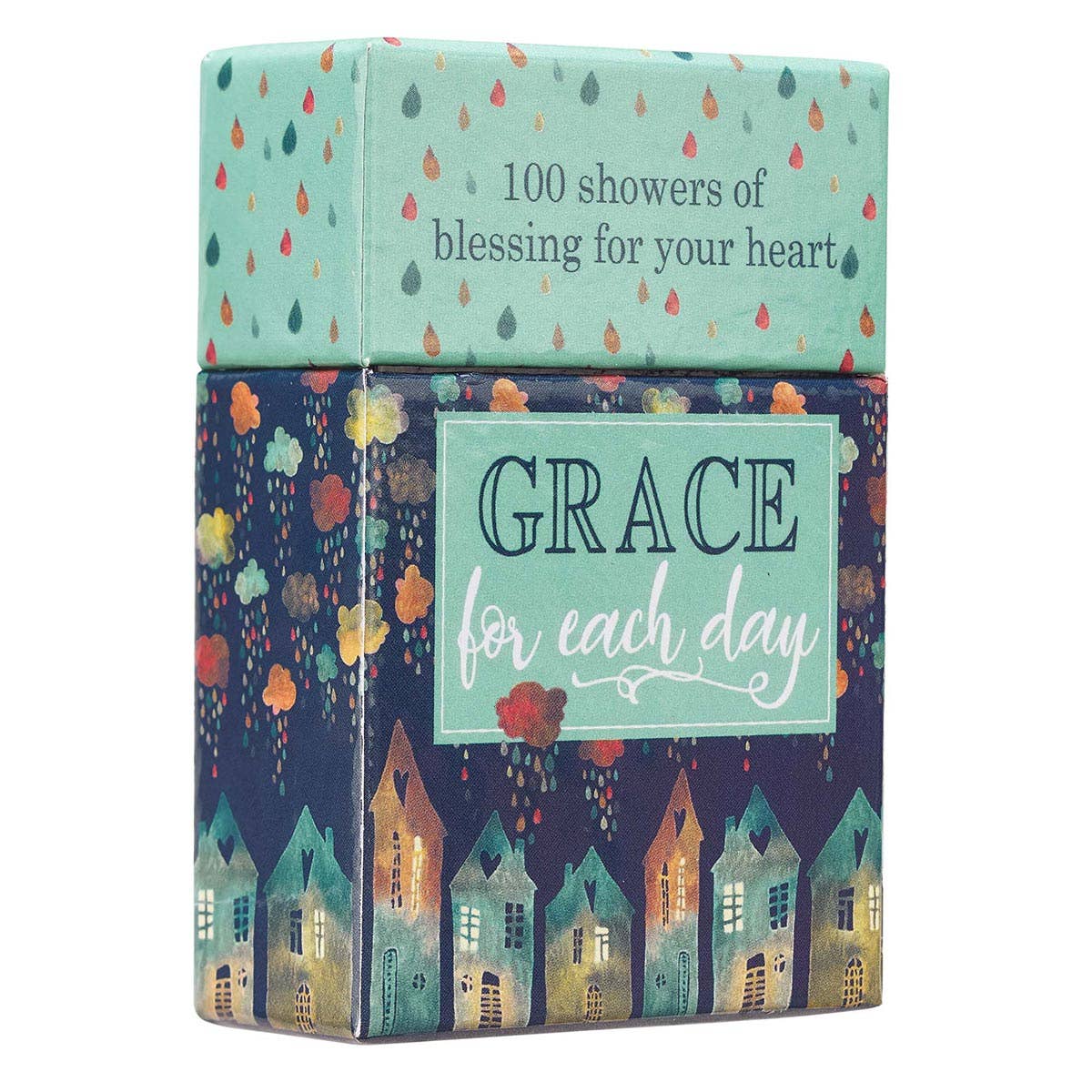 The Box of Blessings Grace for Each Day by Christian Art Gifts is a decorative box featuring raindrop and house designs, with "100 showers of blessing for your heart" printed on the lid and "GRACE for each day" on the front. It is filled with inspirational verses and Scripture cards to uplift your spirit.