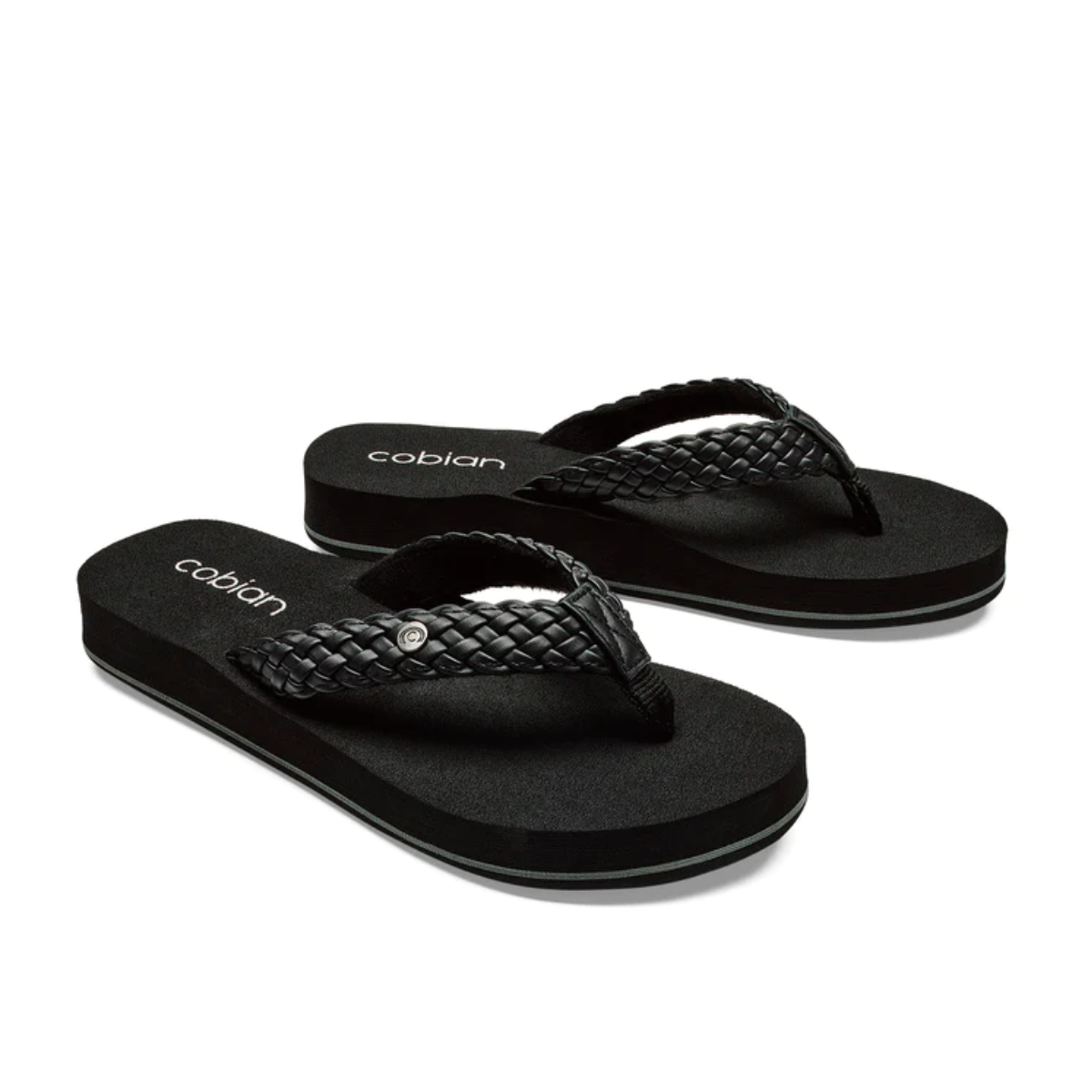 A pair of black COBIAN Braided Bounce flip-flops with straps and arch support on a white background. Main image