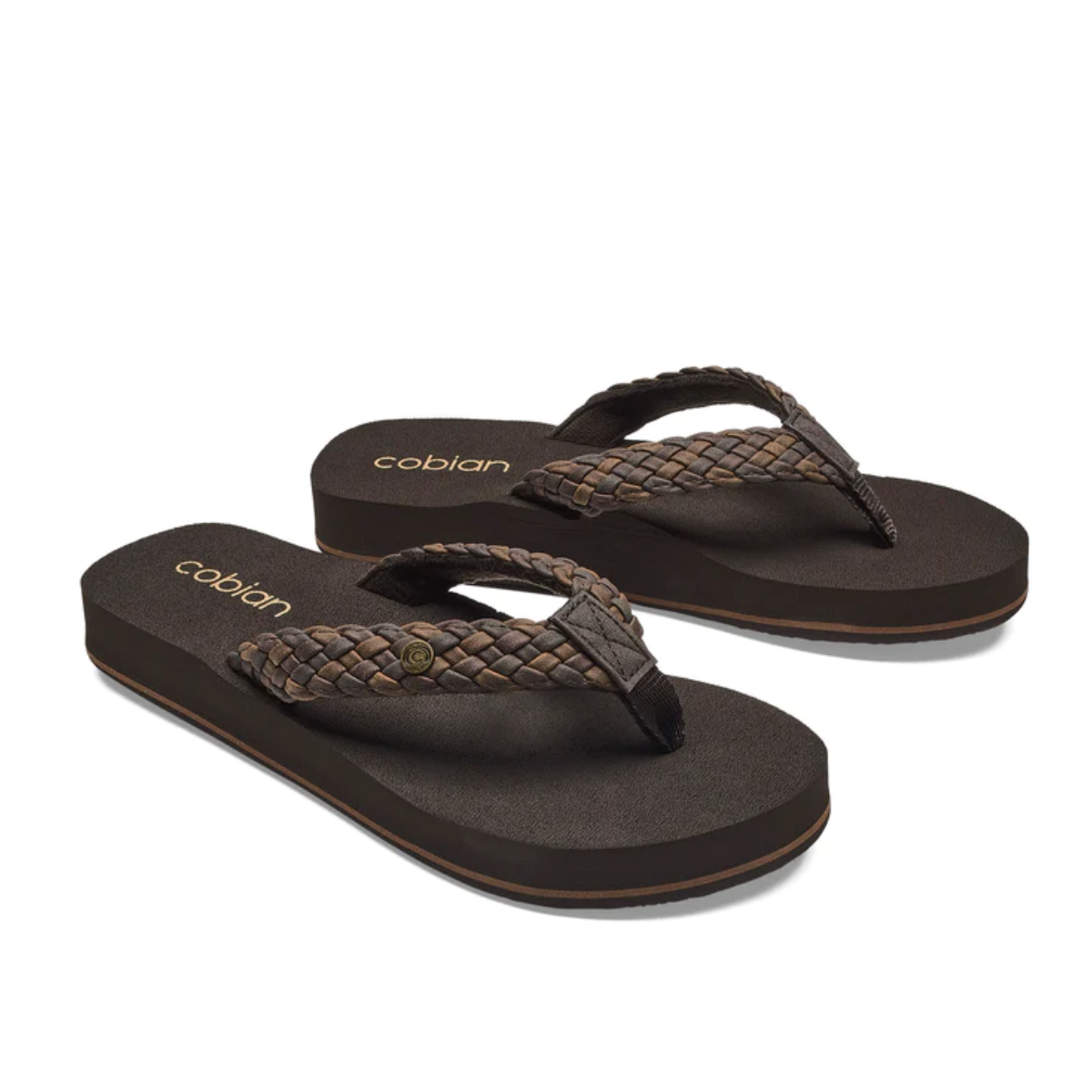 A pair of Braided Bounce by Cobian in Chocolate flip flops for added comfort and style.