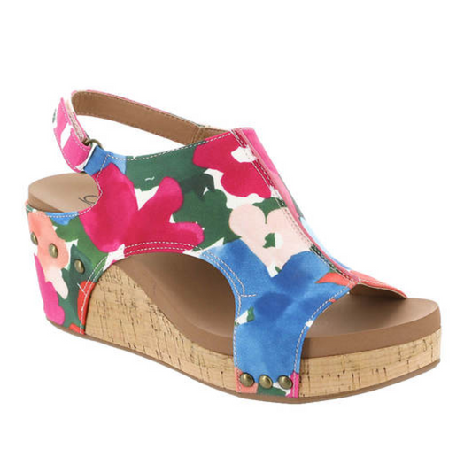 A women's fashion-forward Carley Flowers wedge sandal with a cork footbed and synthetic upper by CORKY'S FOOTWEAR INC.