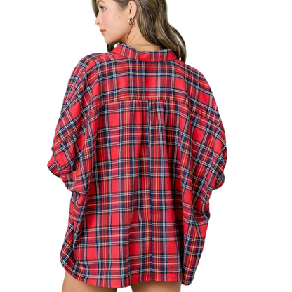 A person with long hair is seen from the back wearing a red and black Plaid Oversized Button Down Shirt by FASHION GO.