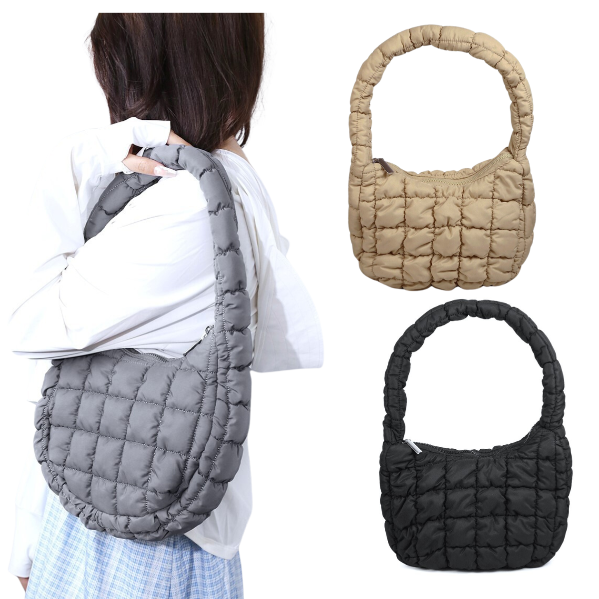 A person holding a gray Puffer Quilted Mini Bag by Zenana, which features a comfortable shoulder strap, with two other premium Zenana Puffer Quilted Mini Bags in black and beige displayed to the right.
