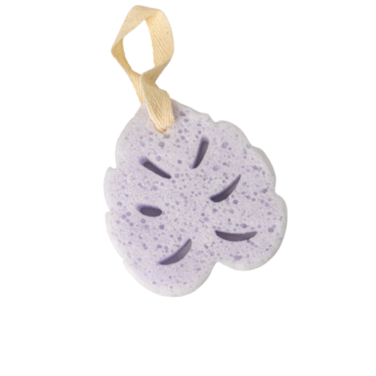 Enhance your bath routine with the In the Buff Super Sudsy Soap Sponge by DM MERCHANDISING INC, a purple monstera leaf-shaped exfoliant sponge featuring a beige loop, perfect for pairing with your favorite shea butter soap.