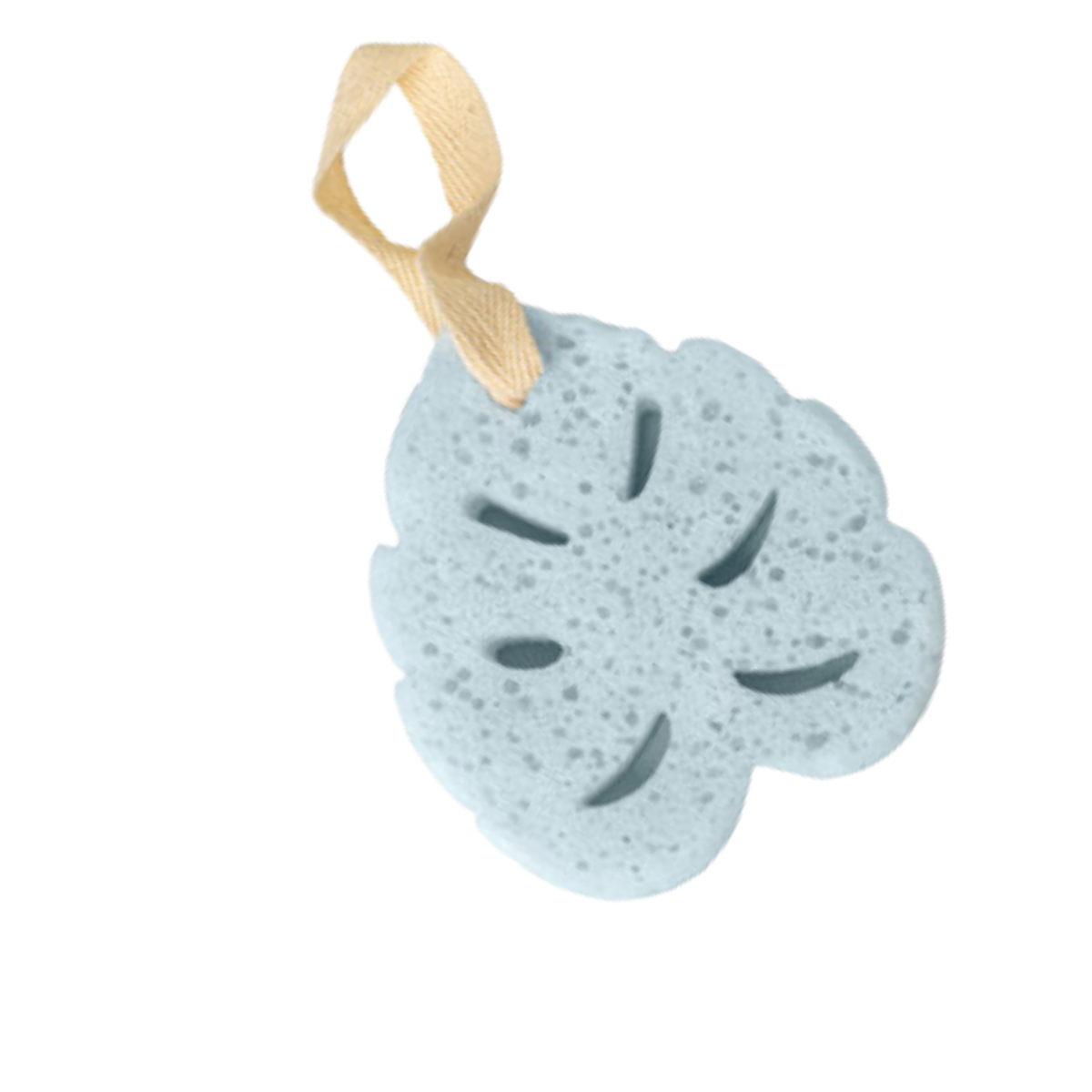 A vegan, cruelty-free light blue pumice stone by DM MERCHANDISING INC, titled "In the Buff Super Sudsy Soap Sponge," elegantly shaped like a leaf with a beige hanging ribbon.