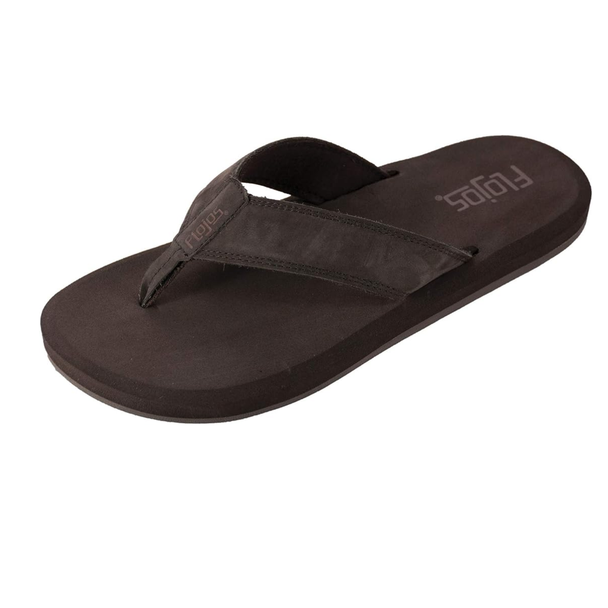 A solitary Cole Men's flip flop in Dark Brown by FLOJOS, featuring a robust strap and cushioned sole designed for comfort, showcased against a white background.