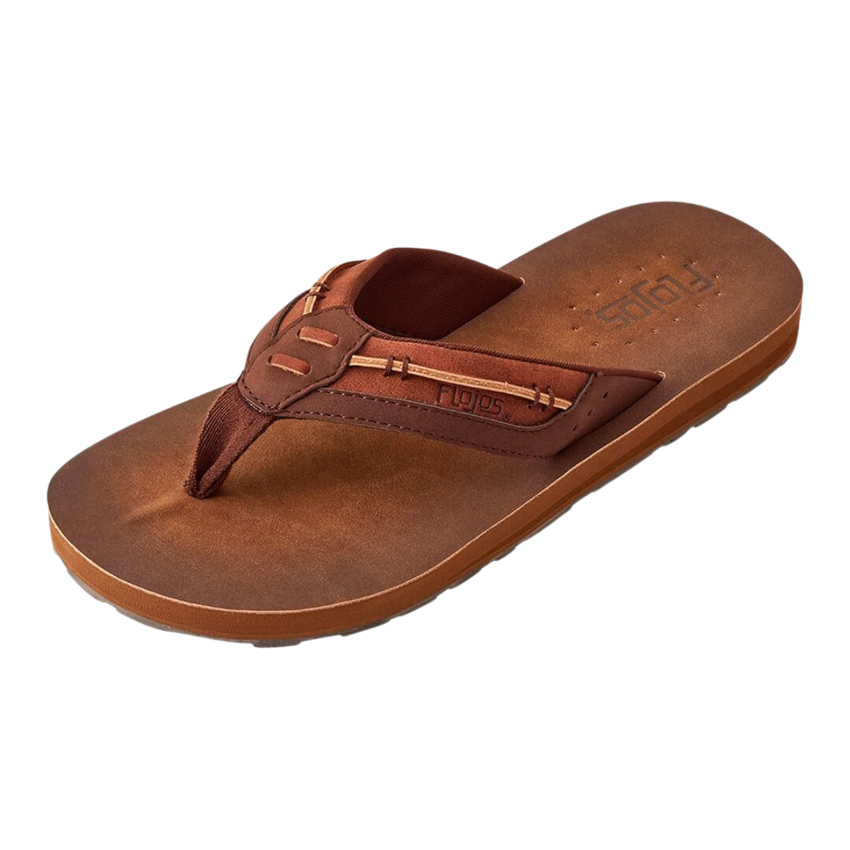 A single brown flip flop featuring a thick strap and flat sole, designed by Flojos under the name Trio Mens Flip Flops.