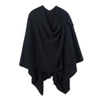 A black Soft Solid Color Ruana with Strap Hold from FASHION GO, featuring a loose, flowing design and an asymmetrical hem.