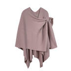 A mauve Soft Solid Color Ruana with Strap Hold by FASHION GO featuring an asymmetrical hem and draped design, displayed against a white background.