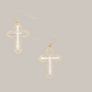 FASHION GO's Two Tone Cross Dangle Earrings in gold and silver feature scalloped edges, shown against a neutral background.